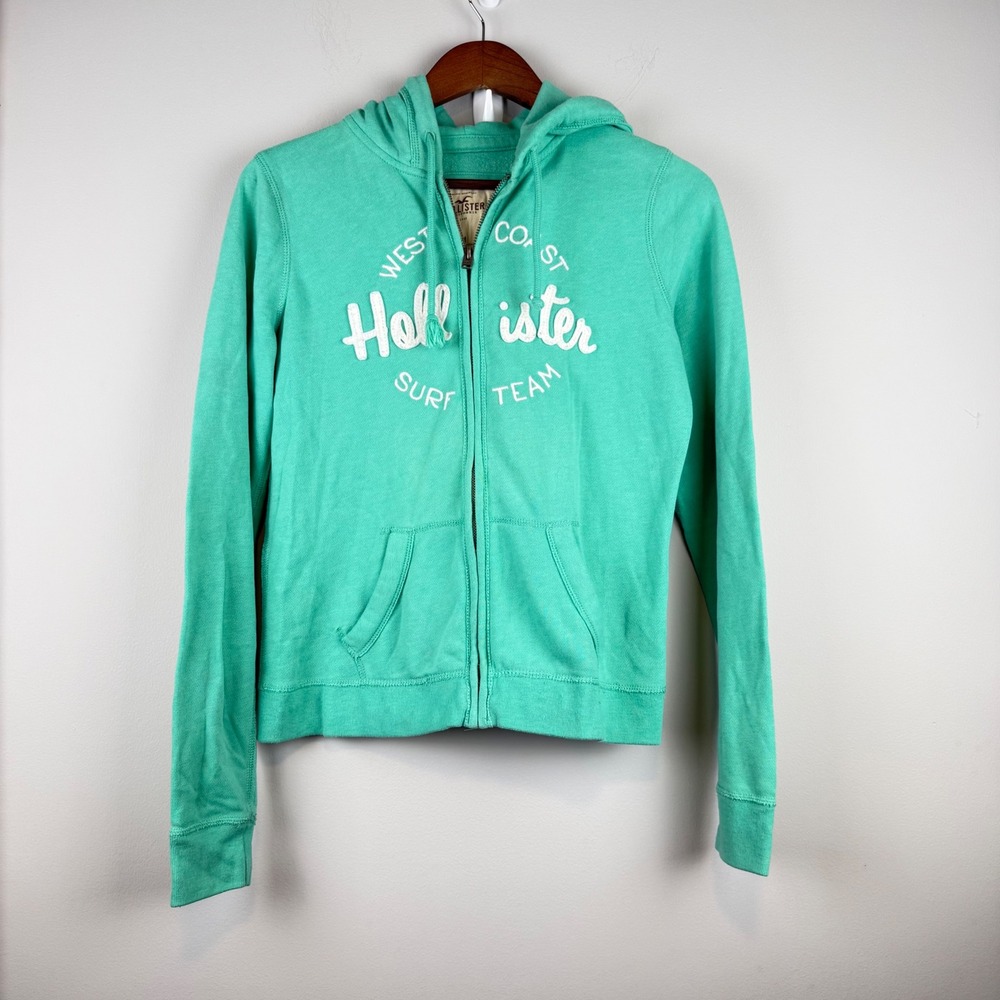 VTG Y2K Hollister Zip Up Hoodie Womens Medium Green Embroidered West Coast Surf